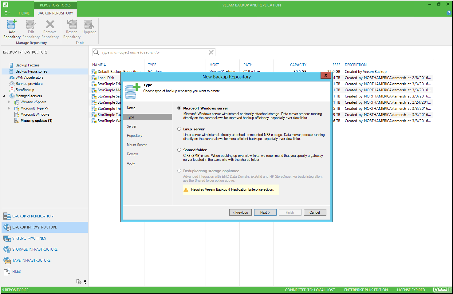Veeam management console, select type of backup repository