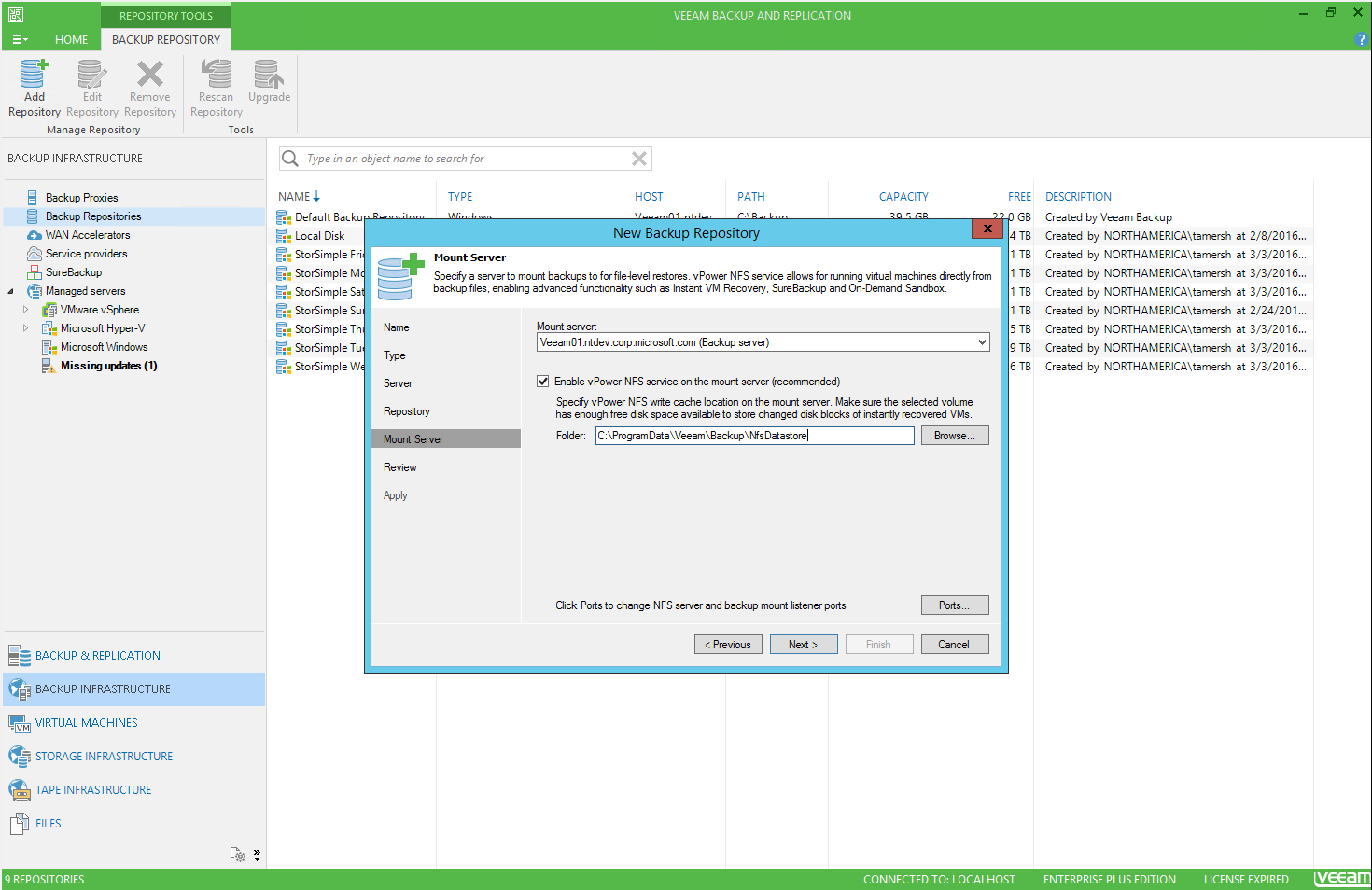 Screenshot that shows the Veeam management console where you can add a new backup repository.