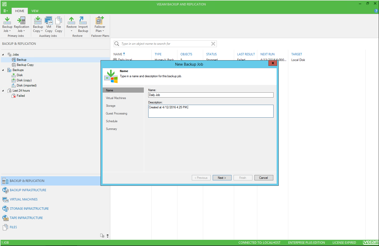 Screenshot of the Veeam management console where you add the name and description.