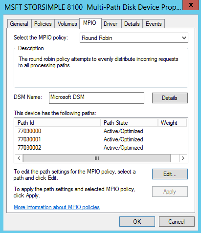 StorSimple 8100 Multi-Path Disk DeviceProp.