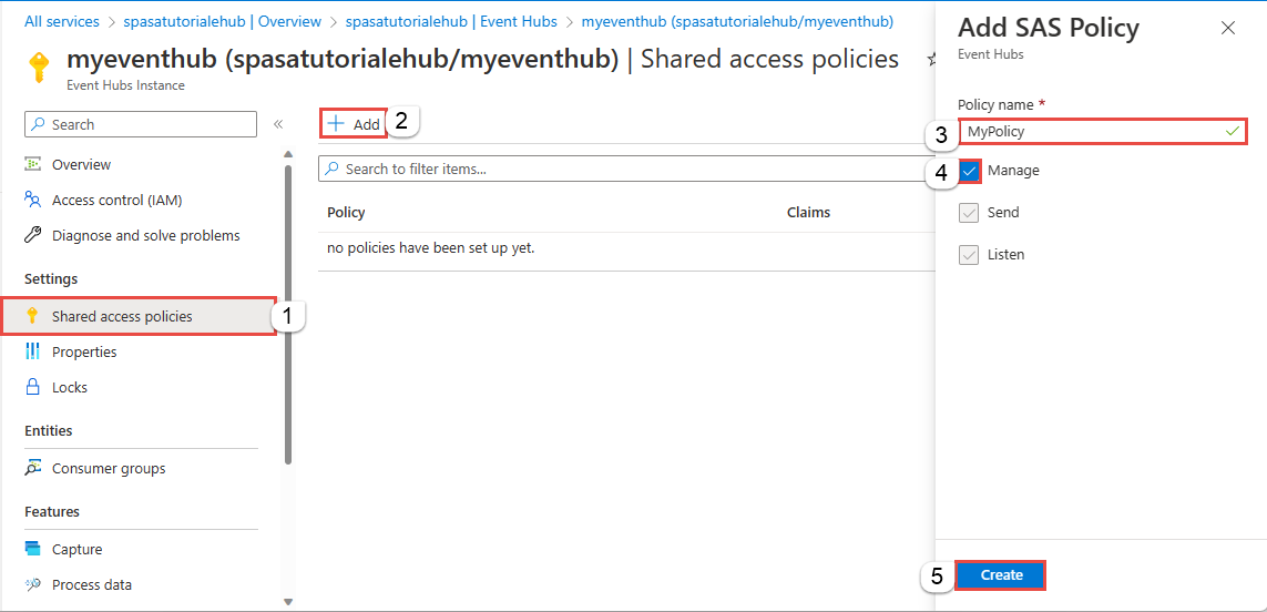 Screenshot showing Shared access policies page for an event hub.