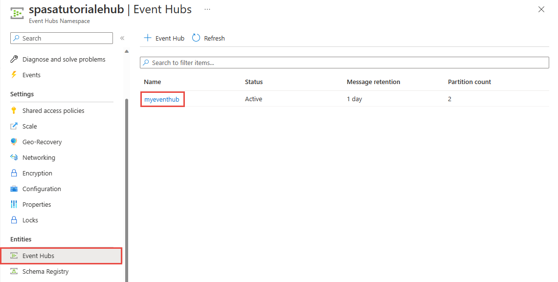 Screenshot showing the selection of an event hub on the Event Hubs page.