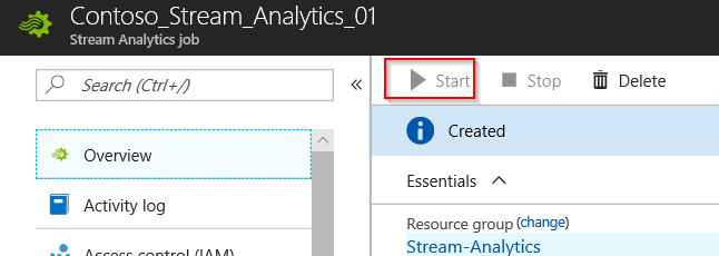 Screenshot of stream analytics with Start selected.