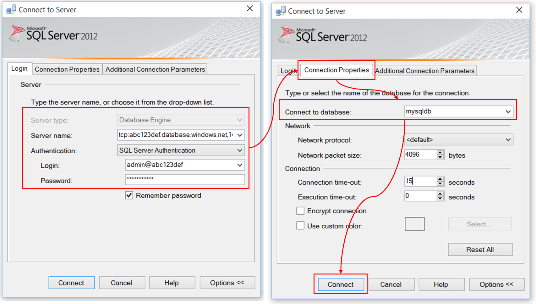 Screenshot of connect to Azure SQL Database