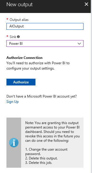 Screenshot of new output, select the new channel, Outputs, Add, then Power BI.