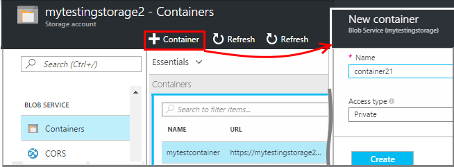 Screenshot of the new storage, select Containers, click the Containers tile, and then Add.
