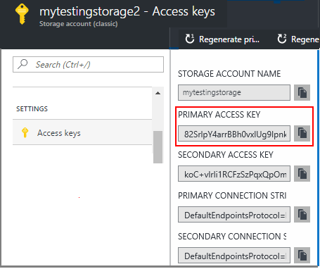 Screenshot of storage, open Settings, Keys, and take a copy of the Primary Access Key.