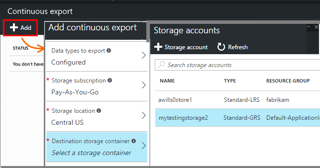 Screenshot of Continuous export, select with add  then set the export destination.