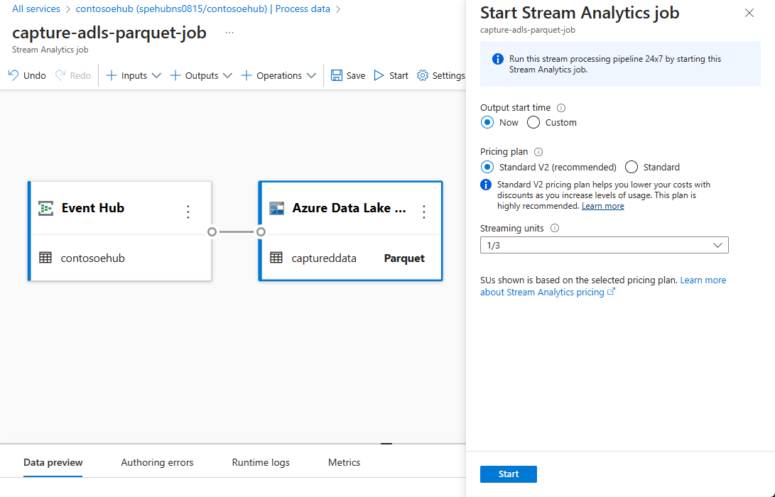 Screenshot showing the Start Stream Analytics job window where you set the output start time, streaming units, and error handling.