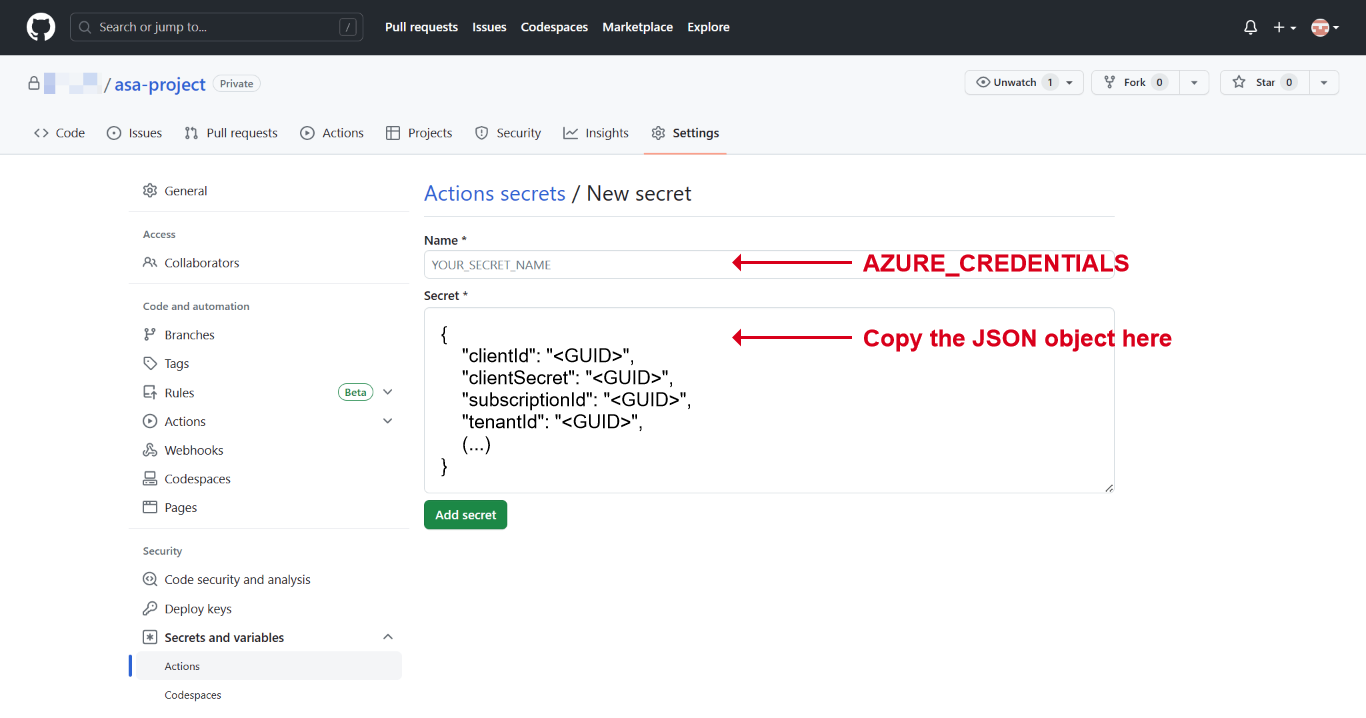 Screenshot of the GitHub creating a secret for Azure credential.