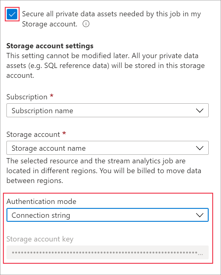 Private data storage account settings
