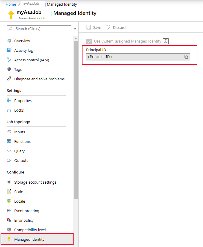 Screenshot of the Azure portal showing how to select the Principal ID of your stream analytics job.