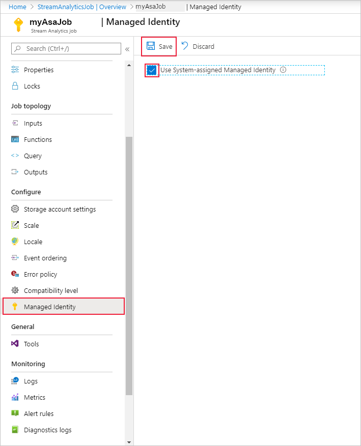 Screenshot showing the System assigned managed identity check box.