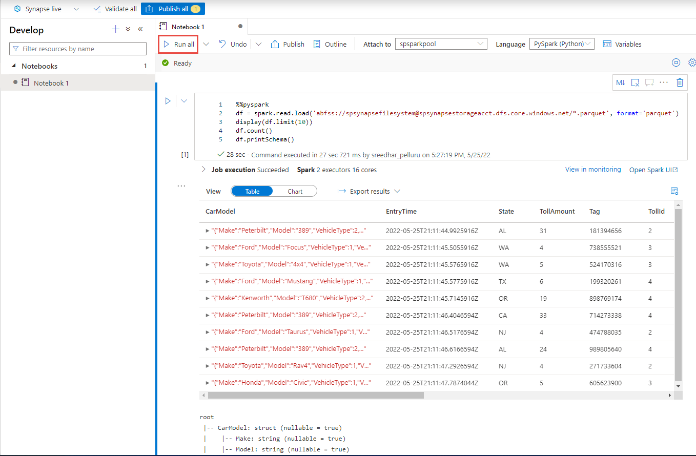 Screenshot of spark run results in Azure Synapse Analytics.