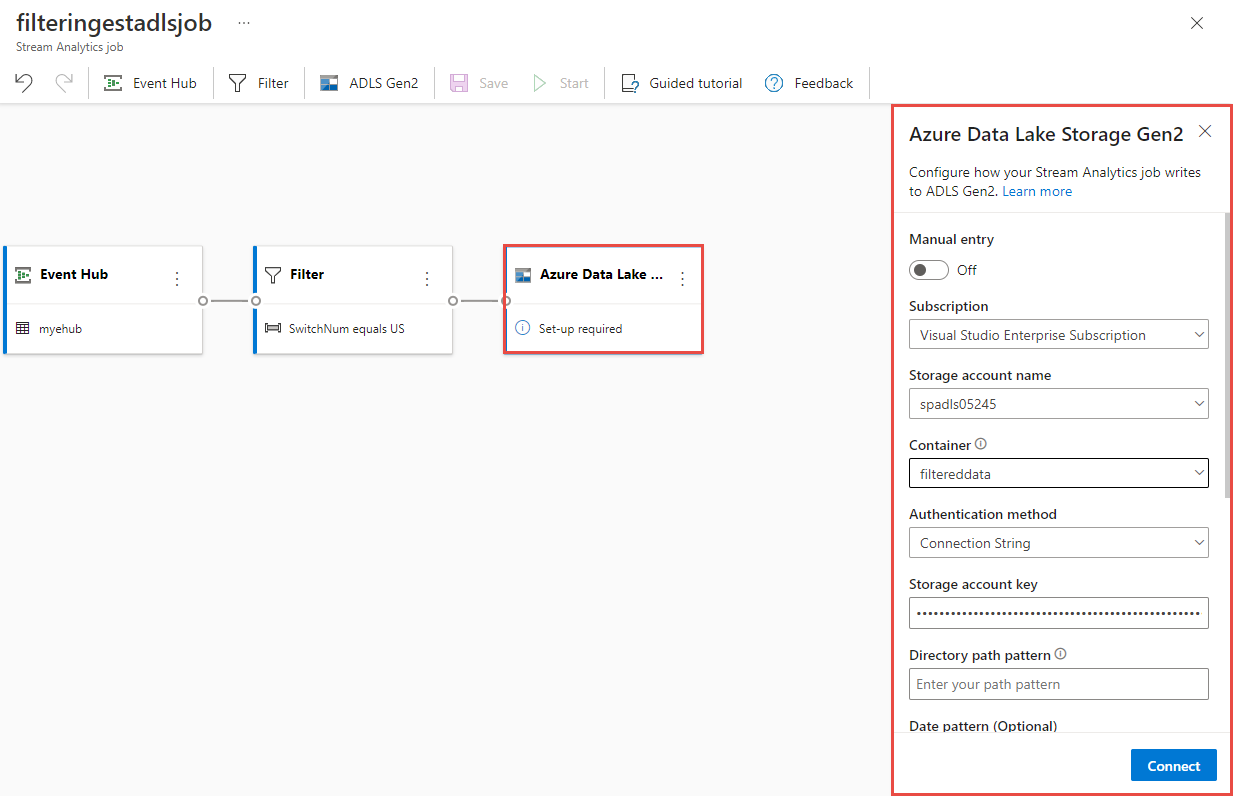 Screenshot showing the Azure Data Lake Gen2 blob container connection configuration settings.