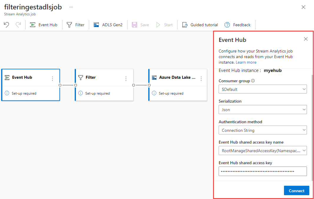 Screenshot showing the Event Hubs area where you select Serialization and Authentication method.