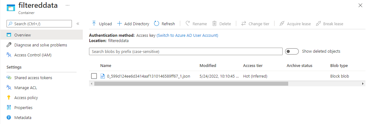 Screenshot showing the generated file with filtered data in the Azure Data Lake Storage.