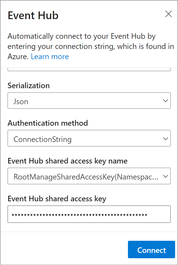 Screenshot showing the Event Hubs connection configuration.