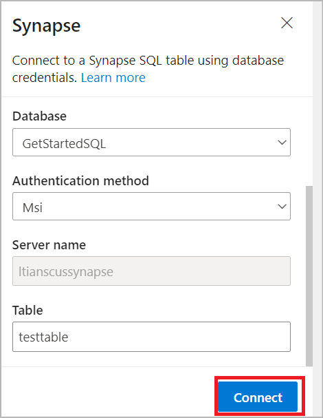 Screenshot showing Synapse SQL table connection details.