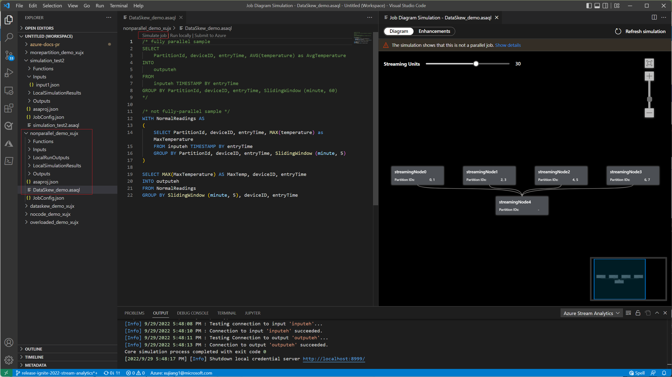 Screenshot of the VS Code opening job diagram simulator in query file.