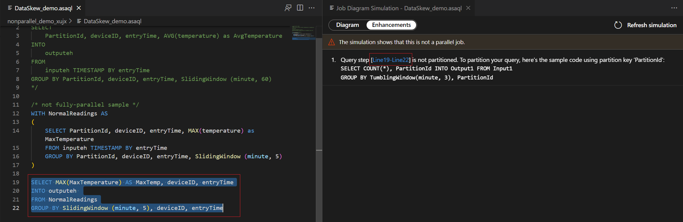 Screenshot of the VS Code using job diagram simulator and highlighting the query step.
