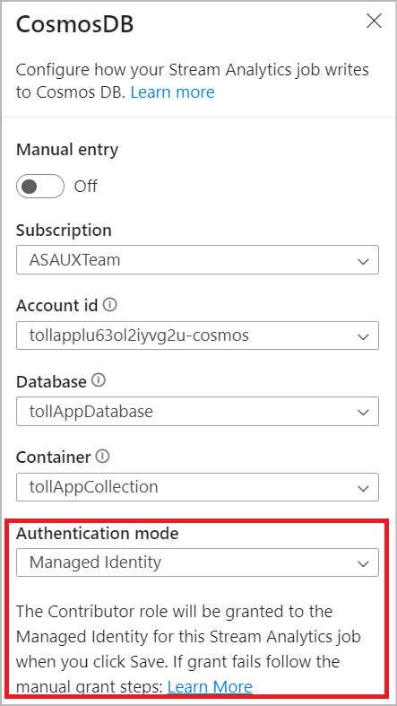 Screenshot that shows selecting managed identity as the authentication method for Azure Cosmos DB.