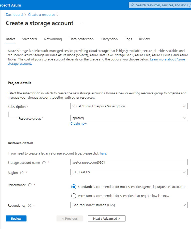 Screenshot showing the Create storage account page.