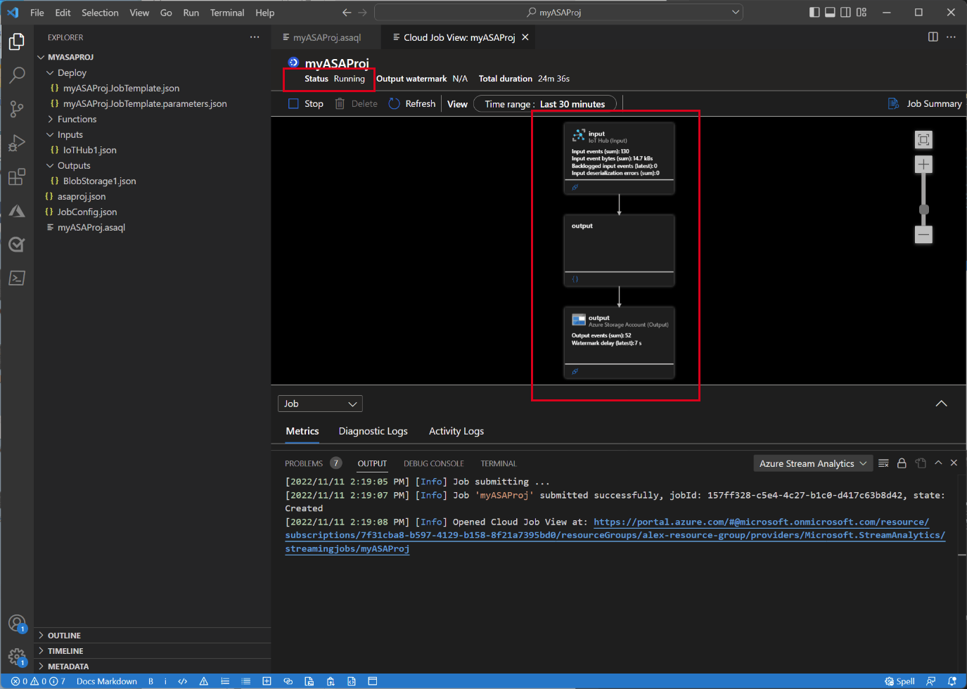 Screenshot showing the job running status in VS Code.