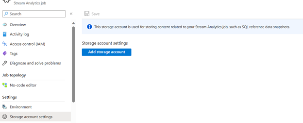 Screenshot of the Storage account settings page of a Stream Analytics job.