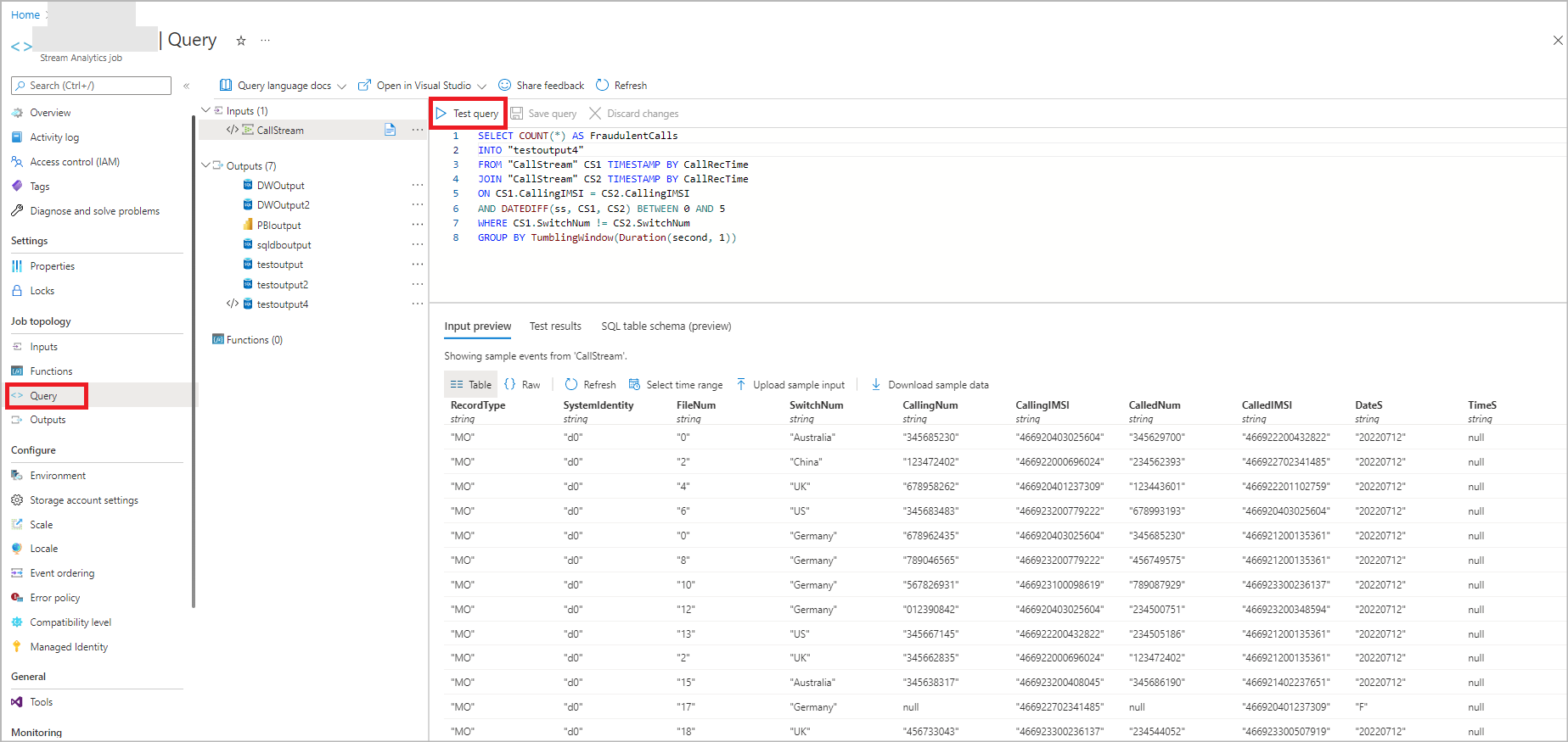 Screenshot showing query testing in Stream Analytics.