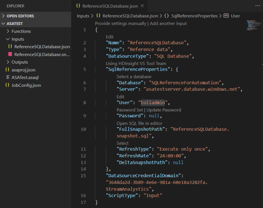 A Visual Studio Code editor (tab) shows ReferenceSQLDatabase.json.