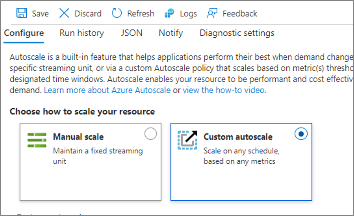 Screenshot showing the Configure area where you select Manual scale or custom autoscale.