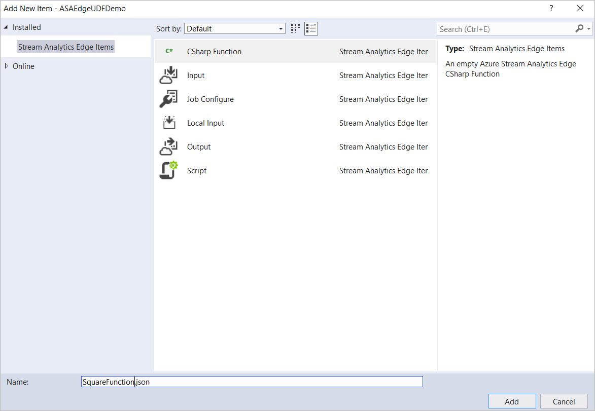 Select CSharp function from Stream Analytics Edge items in Visual Studio