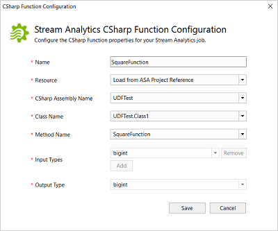 Stream Analytics C sharp function configuration Visual Studio