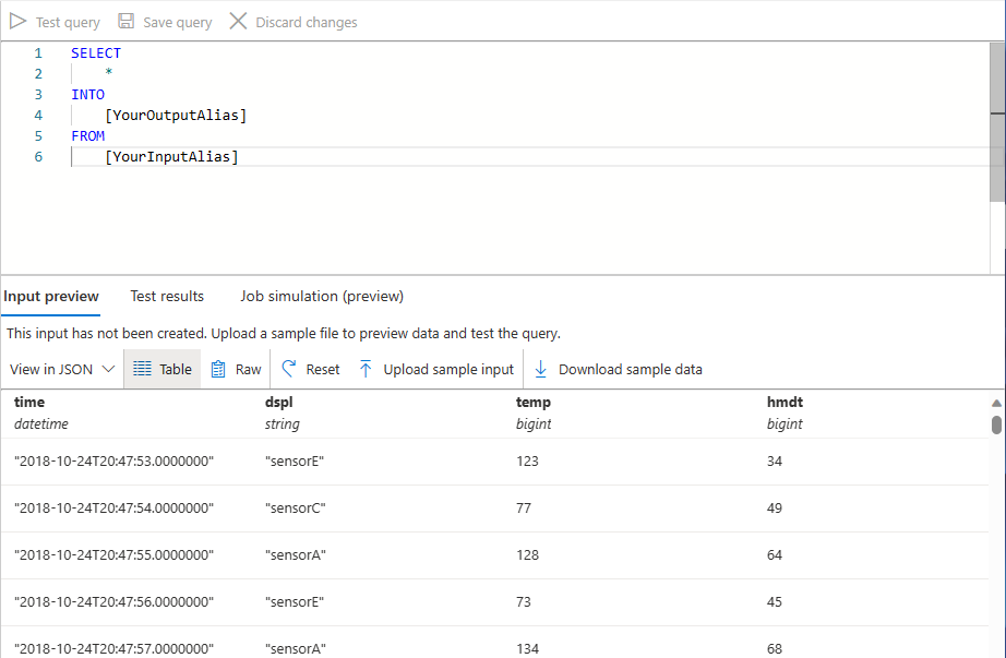 Screenshot that shows sample input data in the Input preview tab.