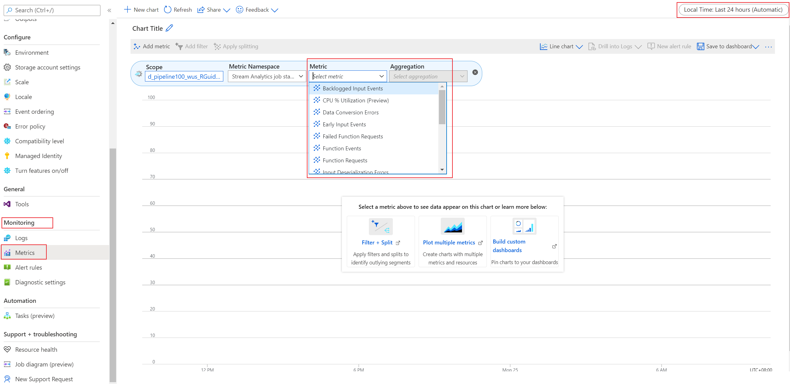 Screenshot that shows selecting a metric in the Stream Analytics job monitoring dashboard.