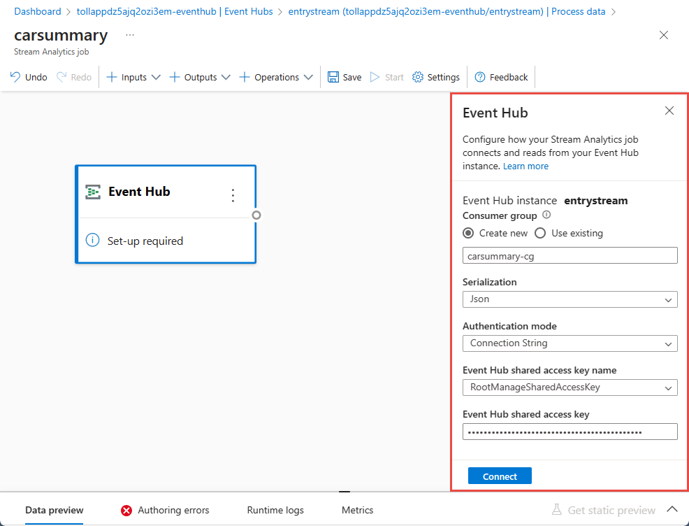 Screenshot of the configuration page for your event hub.