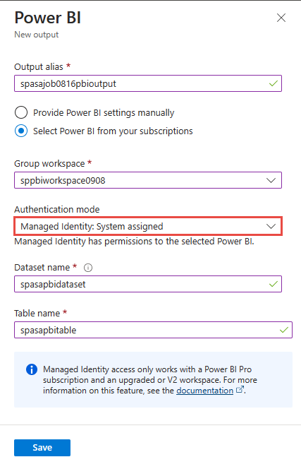 Configure Power BI output with Managed Identity