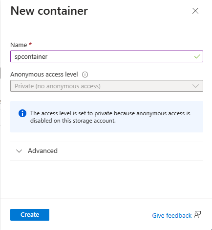 Screenshot showing the New container page.