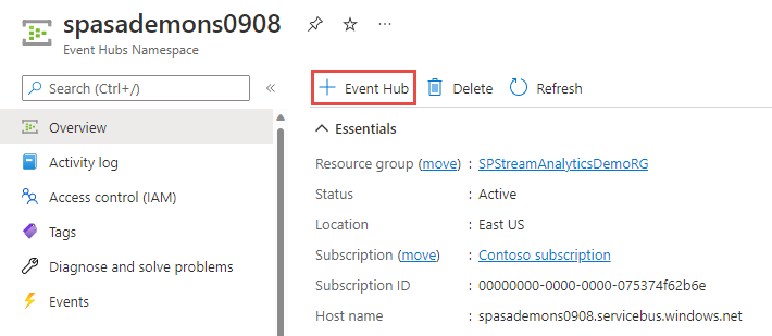Screenshot showing the Add event hub button on the Event Hubs Namespace page.