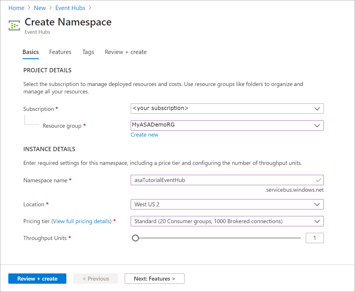 Screenshot showing the Create Namespace page.