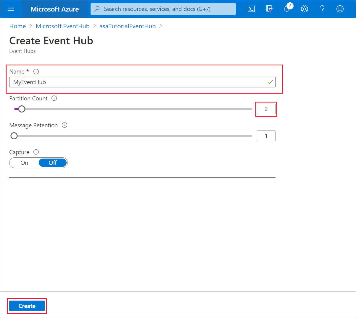 Screenshot showing the Create event hub page.