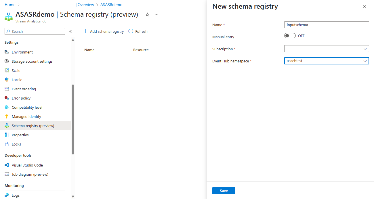 Screenshot showing the New schema registry page.