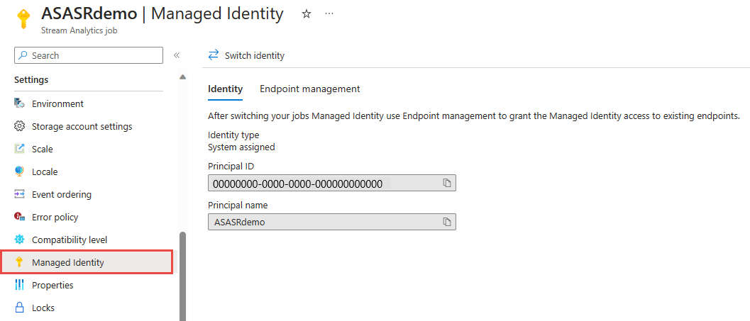 Screenshot showing the Managed Identity page.