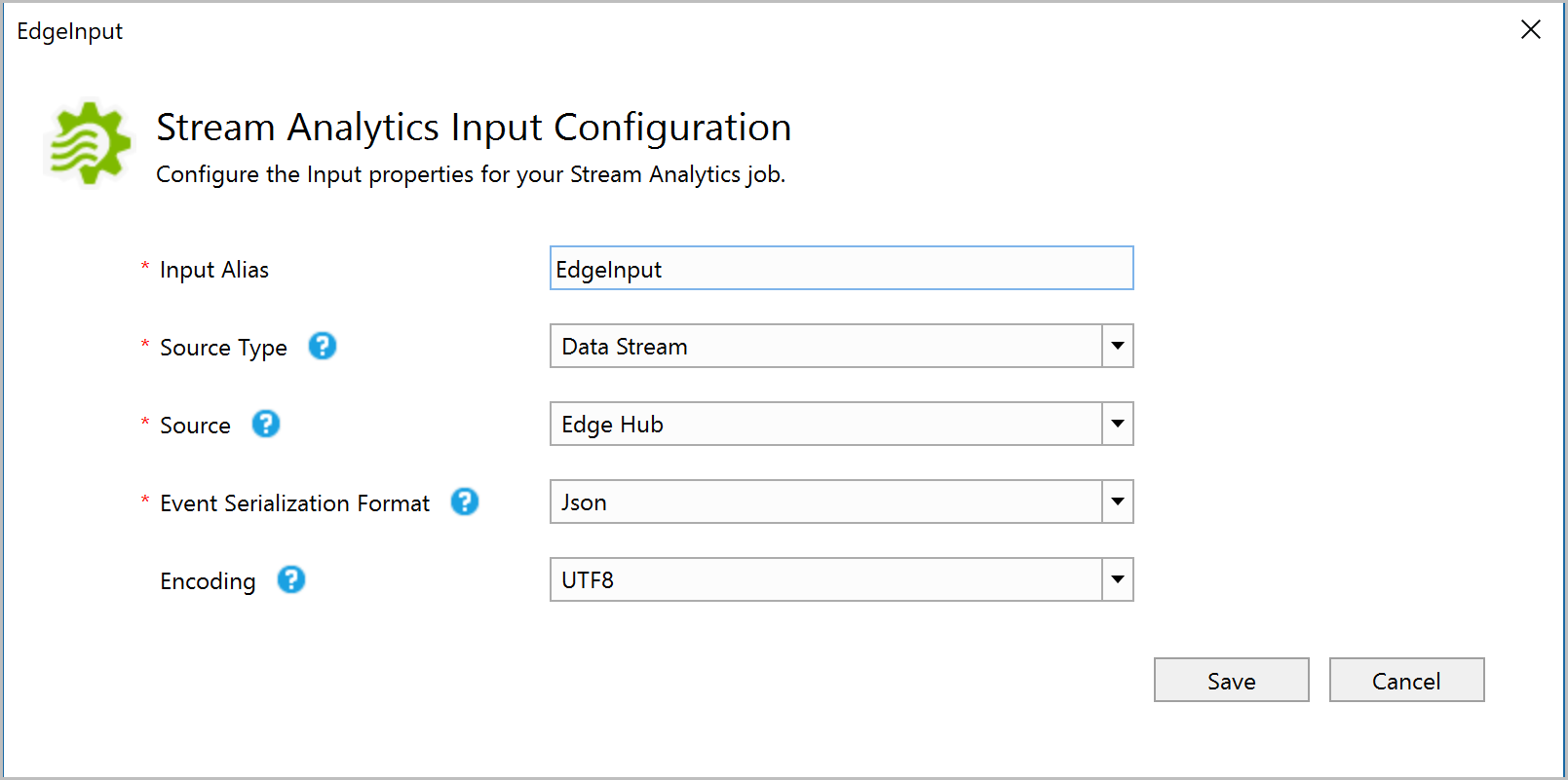 Stream Analytics job input configuration