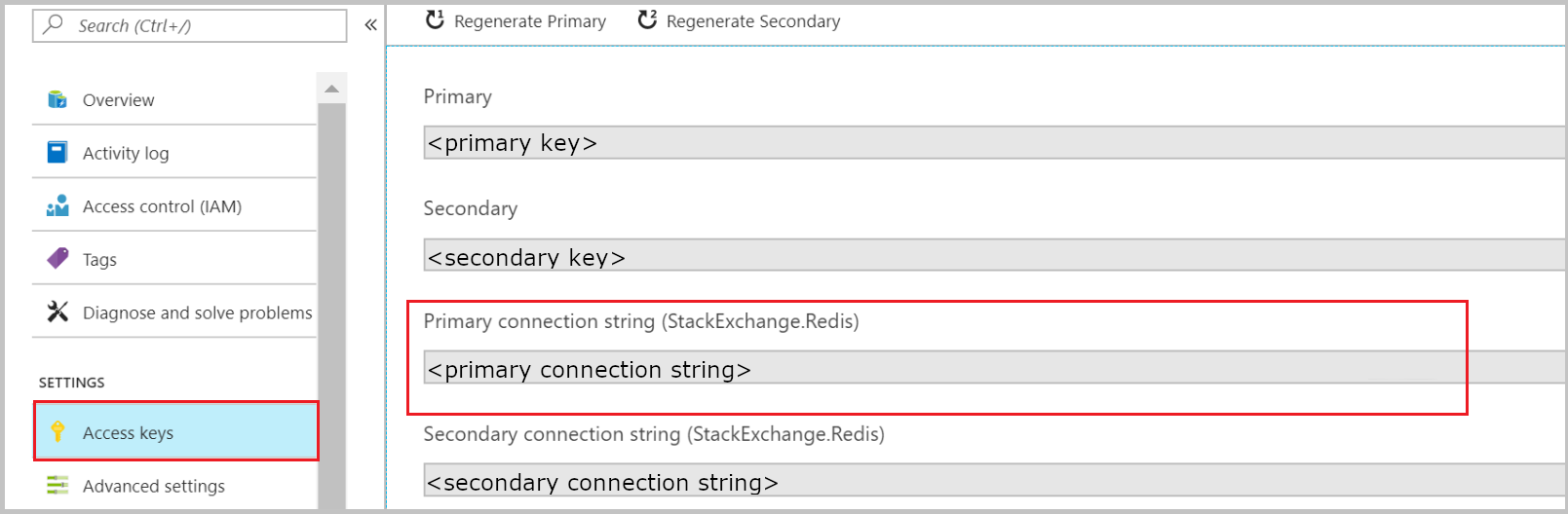 Screenshot of Azure Cache for Redis connection string