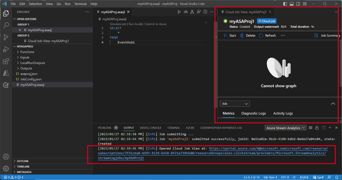 Screenshot of VSCode extension showing cloud view job.
