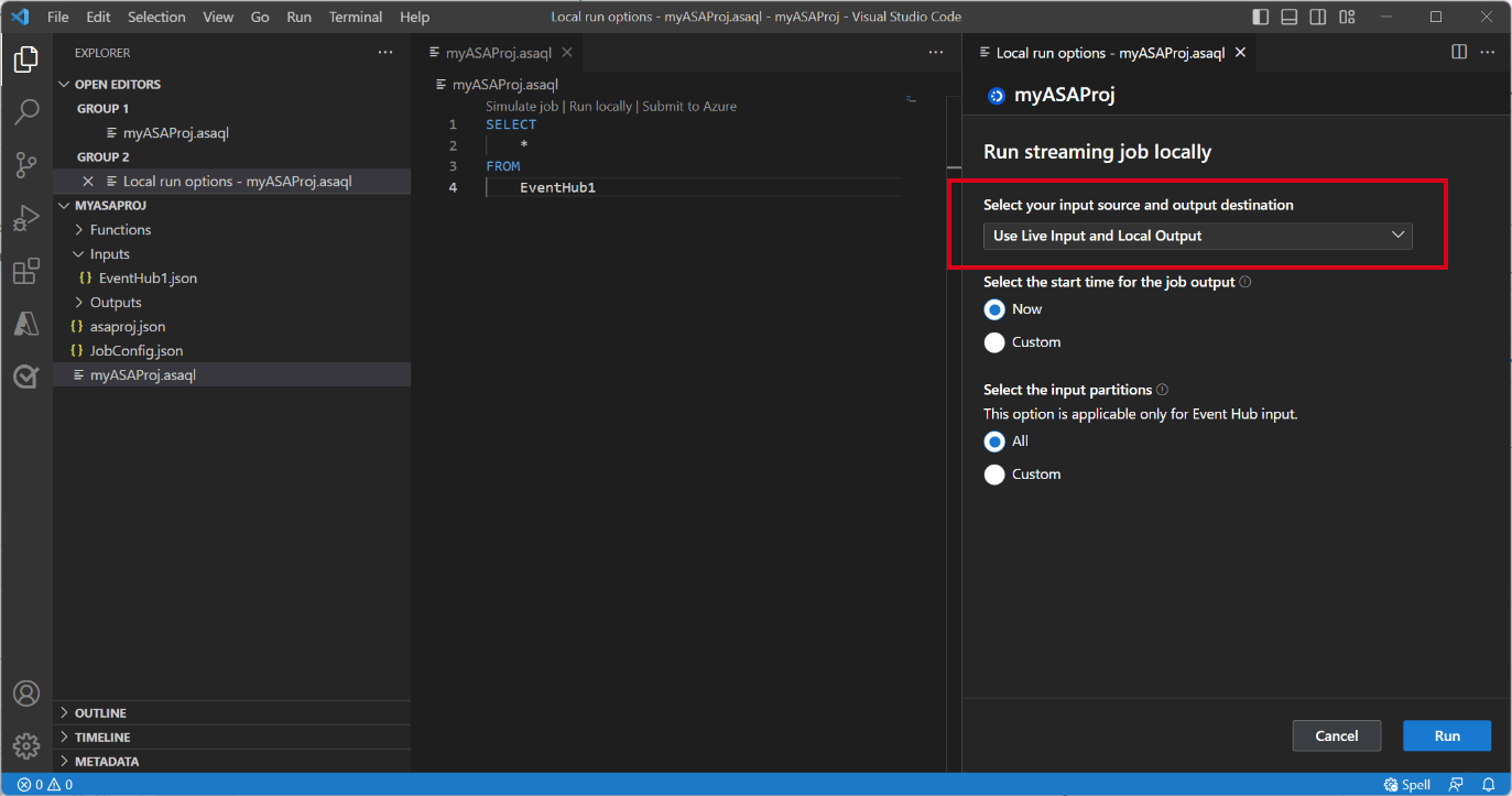 Screenshot of VSCode extension selecting play mode for local run.