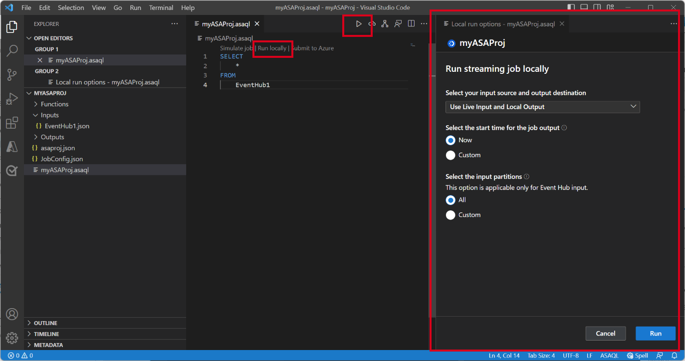 Screenshot of VSCode extension selecting "Run locally" in the query editor.