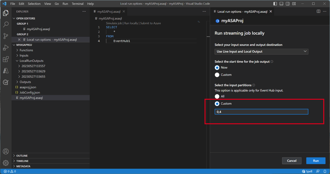 Screenshot of VSCode extension specifying event hub partitions.